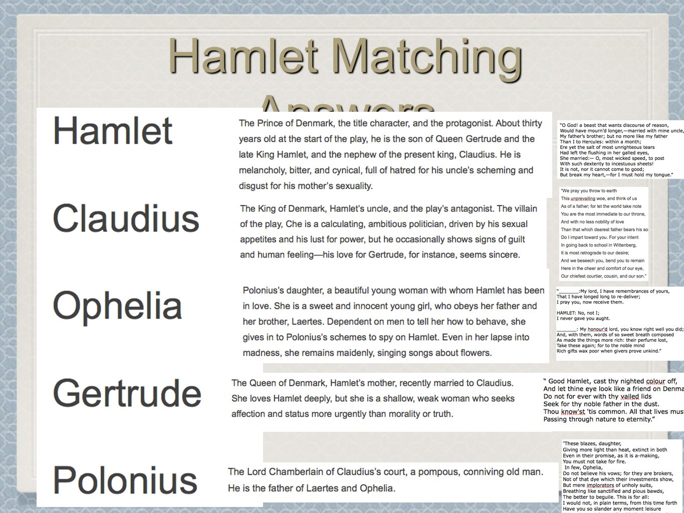 In Hamlet, what two or three words or phrases best describe Hamlet (the person)?